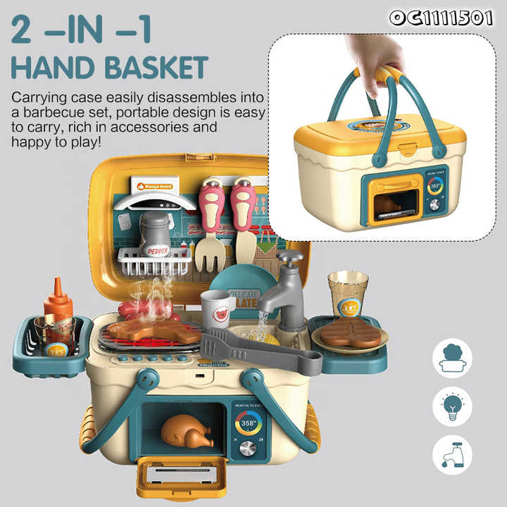 Kids Bbq Play Grill Household Items Small Mini Cooking Montessori Kitchen Equipment Toys Set Simulation for Girls with Suitcase