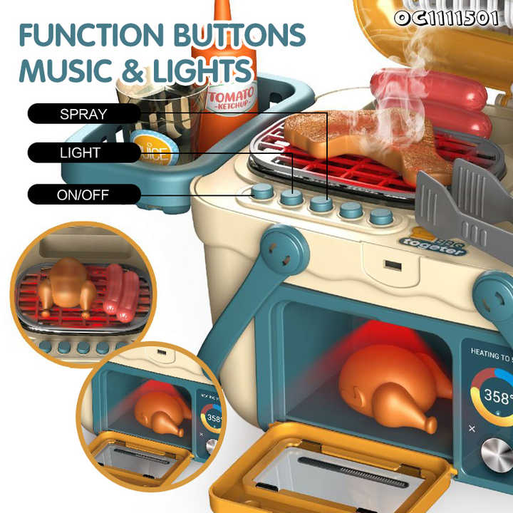 Kids Bbq Play Grill Household Items Small Mini Cooking Montessori Kitchen Equipment Toys Set Simulation for Girls with Suitcase