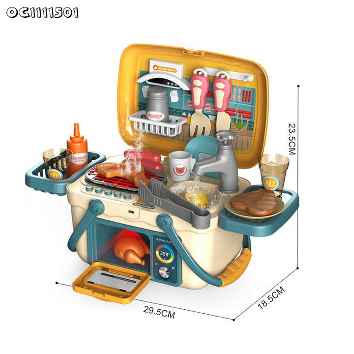 Kids Bbq Play Grill Household Items Small Mini Cooking Montessori Kitchen Equipment Toys Set Simulation for Girls with Suitcase