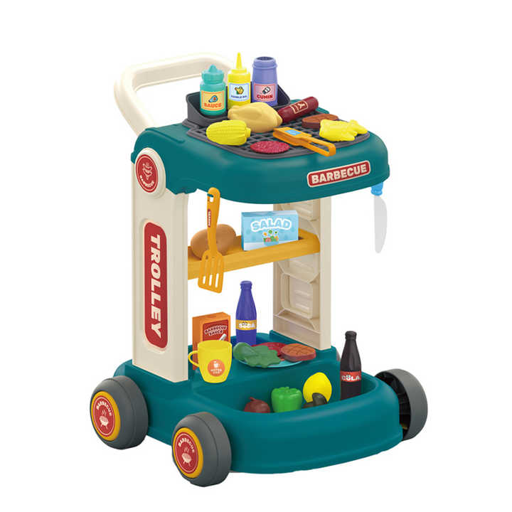 Interactive Plastic Grill Play Food Set Cart Children's Pretend BBQ Cooking Kitchen Toy for Preschool Pretend Play for Girls