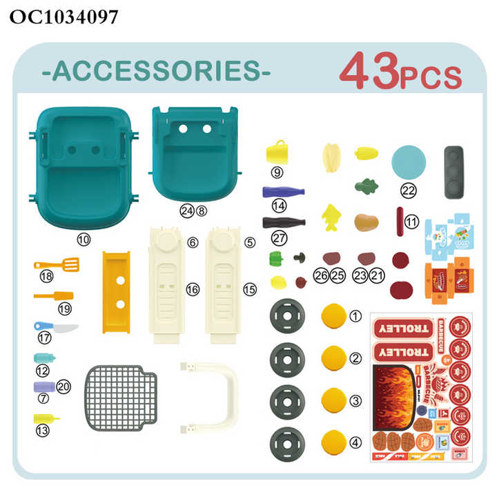 Interactive Plastic Grill Play Food Set Cart Children's Pretend BBQ Cooking Kitchen Toy for Preschool Pretend Play for Girls