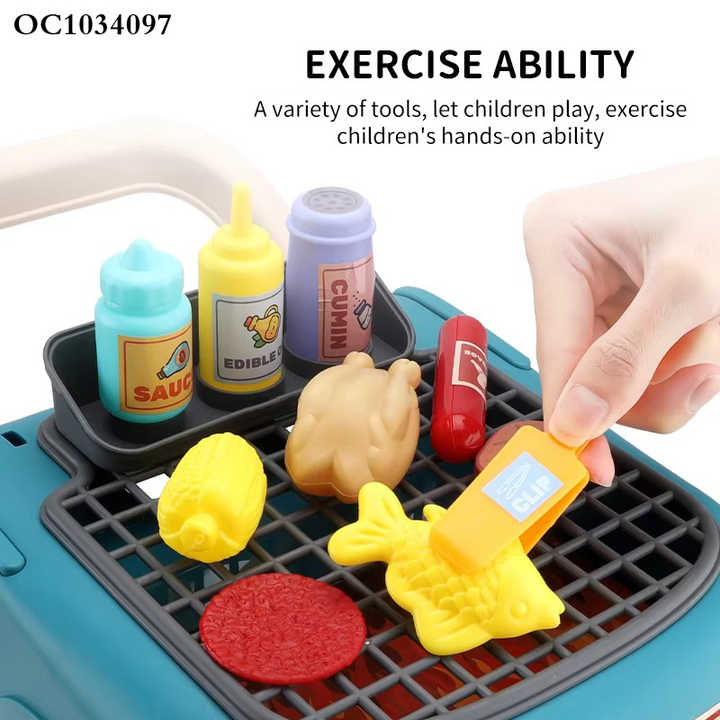 Interactive Plastic Grill Play Food Set Cart Children's Pretend BBQ Cooking Kitchen Toy for Preschool Pretend Play for Girls