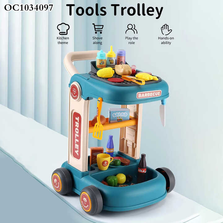 Interactive Plastic Grill Play Food Set Cart Children's Pretend BBQ Cooking Kitchen Toy for Preschool Pretend Play for Girls