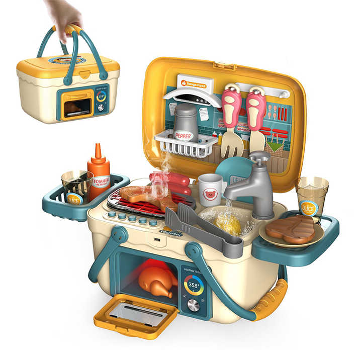 Kids Bbq Play Grill Household Items Small Mini Cooking Montessori Kitchen Equipment Toys Set Simulation for Girls with Suitcase