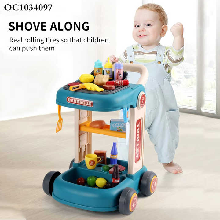 Interactive Plastic Grill Play Food Set Cart Children's Pretend BBQ Cooking Kitchen Toy for Preschool Pretend Play for Girls