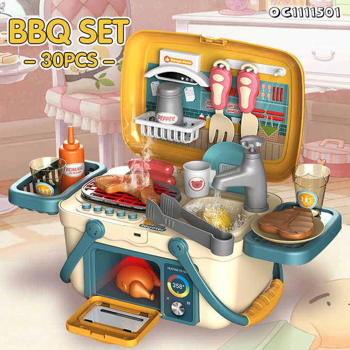 Kids Bbq Play Grill Household Items Small Mini Cooking Montessori Kitchen Equipment Toys Set Simulation for Girls with Suitcase
